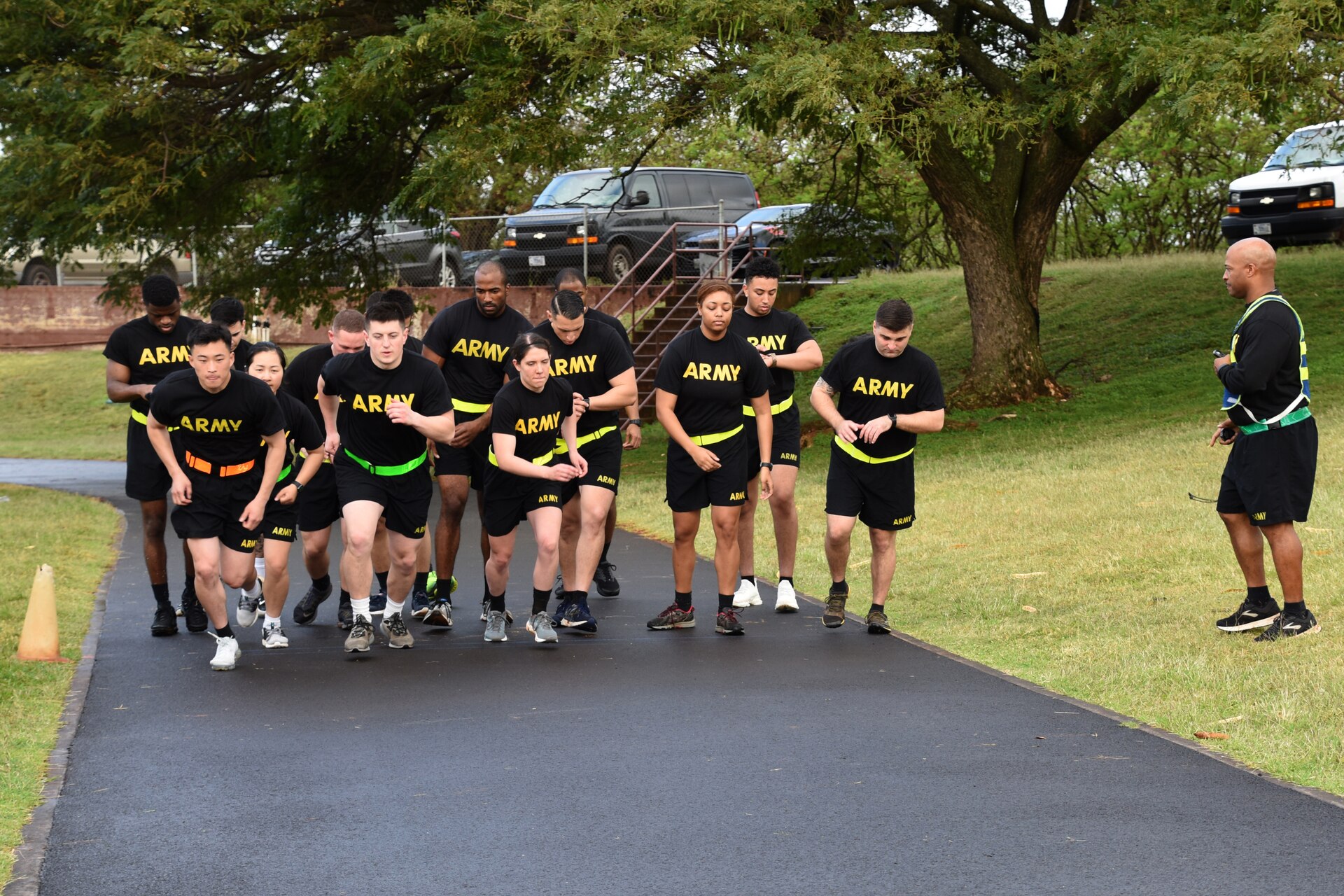 Soldiers form Public Health Command – Pacific and Dental Health Command – Pacific begin the run portion of the Army Combat Fitness Test at Tripler Army Medical Center, Hawaii, March 2, 2019. The fitness assessment is part of a weeklong Best Warrior Competition that both units are holding. The PHC-P winners will be announced Friday during an award ceremony. (U.S. Army photo by Amber Kurka)