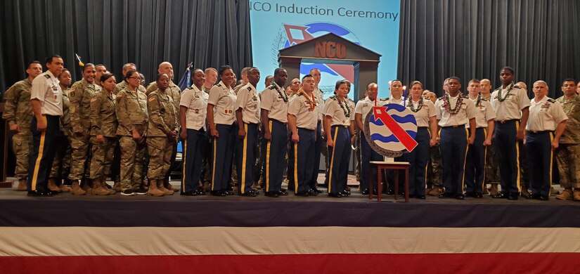 Seven Soldiers from Public Healthy Activity – Hawaii and Headquarters and Headquarters Battalion U.S. Army Pacific were honored during a joint unit NCO Induction Ceremony, March 13, 2020, in the Richardson Theater on Fort Shafter, Hawaii. Historically, the NCO Induction Ceremony celebrates newly promoted Soldiers joining the ranks of the professional NCO Corps, while also building upon the pride all members share. (Courtesy photo)