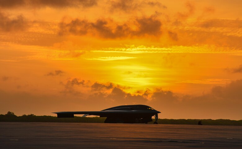 A B-2 Spirit Stealth Bomber, from Whiteman Air Force Base, Missouri, sits on the flight line of Naval Support Facility Diego Garcia, in support a Bomber Task Force deployment, Aug. 24, 2020. As part of their BTF deployment, the B-2s participated in a combined United States-Australia exercise with Marine Rotational Force - Darwin and Australian Defence Forces. (U.S. Air Force photo by Tech. Sgt. Heather Salazar)