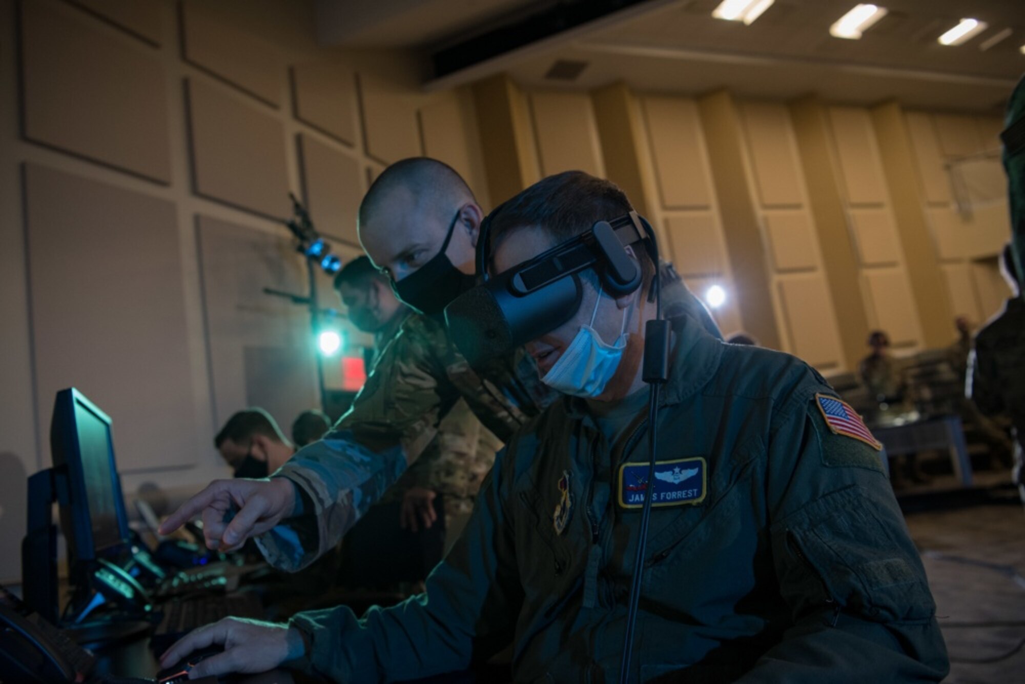 Lt. Col. James Forrest operates a virtual-reality headset in support of the Advanced Battle Management System, or ABMS, Onramp, Sept. 2, 2020, at Joint Base Andrews, Md. ABMS is the digital infrastructure which allows a level of connectivity and (sensor) compatibility for our military at war. (U.S. Air Force photo by Senior Airman Daniel Hernandez)