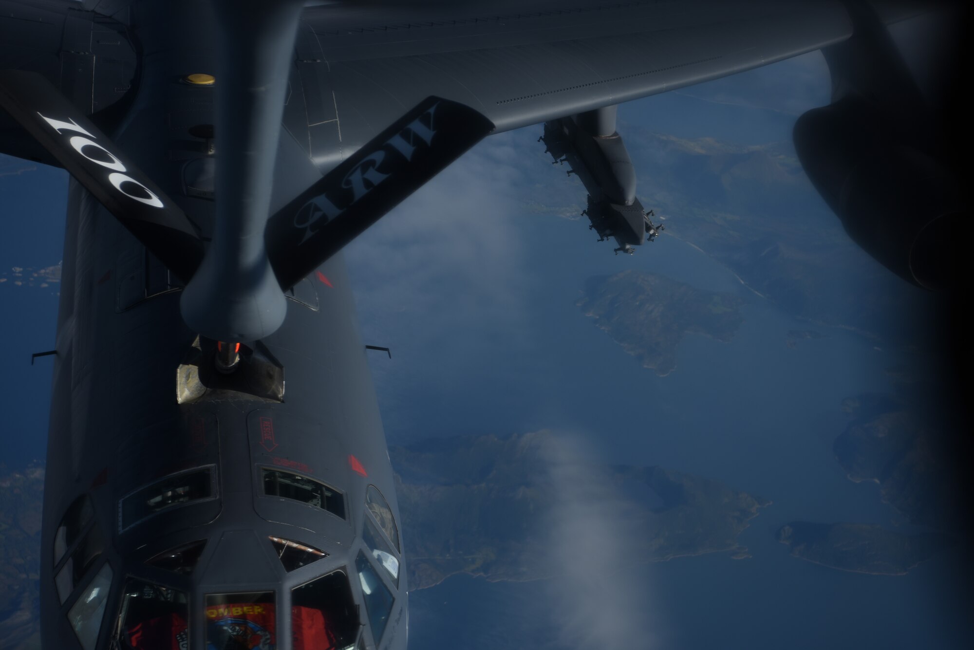 A B-52 Stratofortress from the 5th Bomb Wing, Minot Air Force Base, North Dakota receives fuel from a KC-135 from the 100th Air Refueling Wing, RAF Mildenhall, England a KC-135 around the coast of Norway during a during a strategic bomber mission on Sept. 2, 2020.