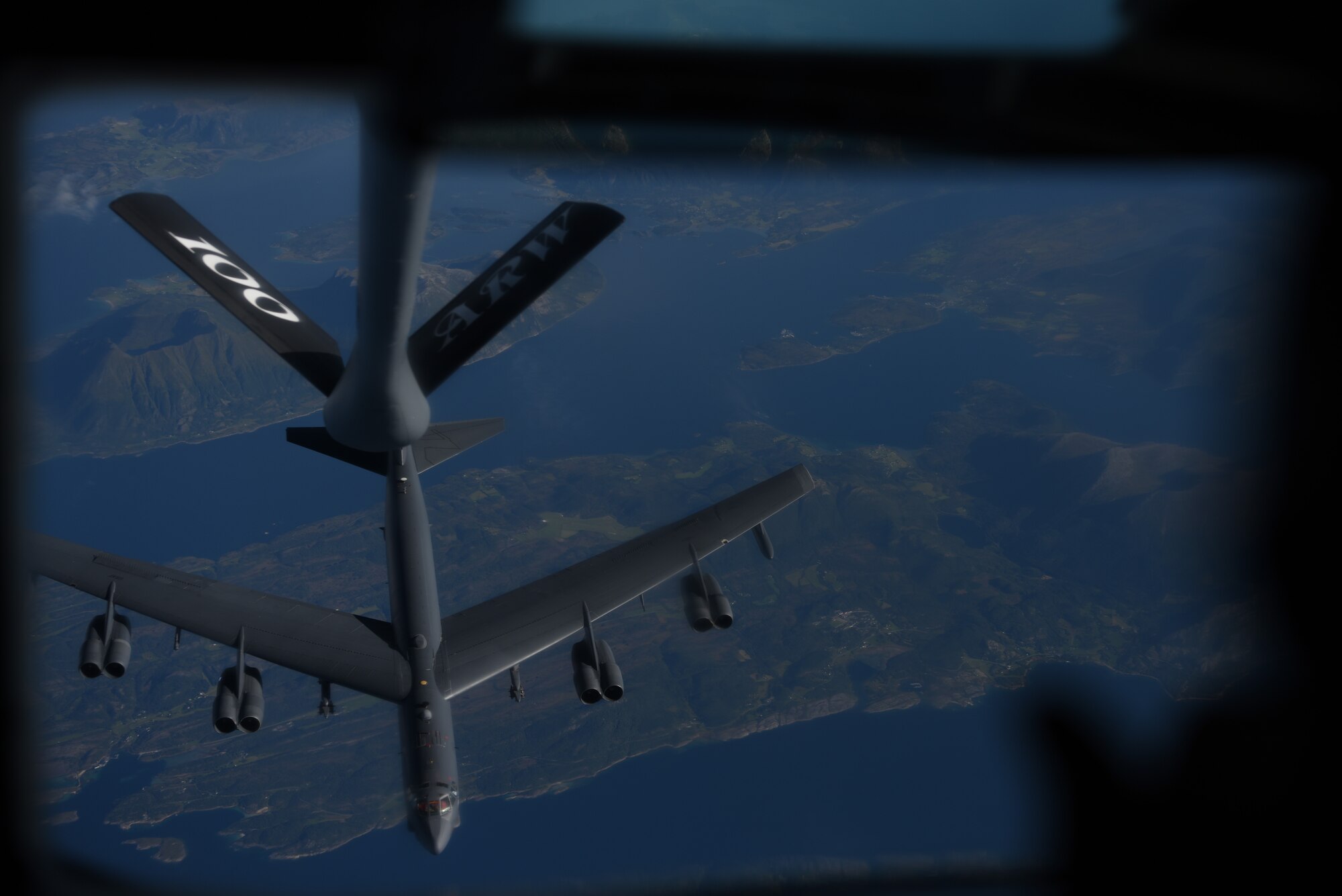 A B-52 Stratofortress from the 5th Bomb Wing, Minot Air Force Base, North Dakota breaks from a KC-135 from the 100th Air Refueling Wing, RAF Mildenhall, England after receiving fuel of the coast of Norway during a during a strategic bomber mission on Sept. 2, 2020.