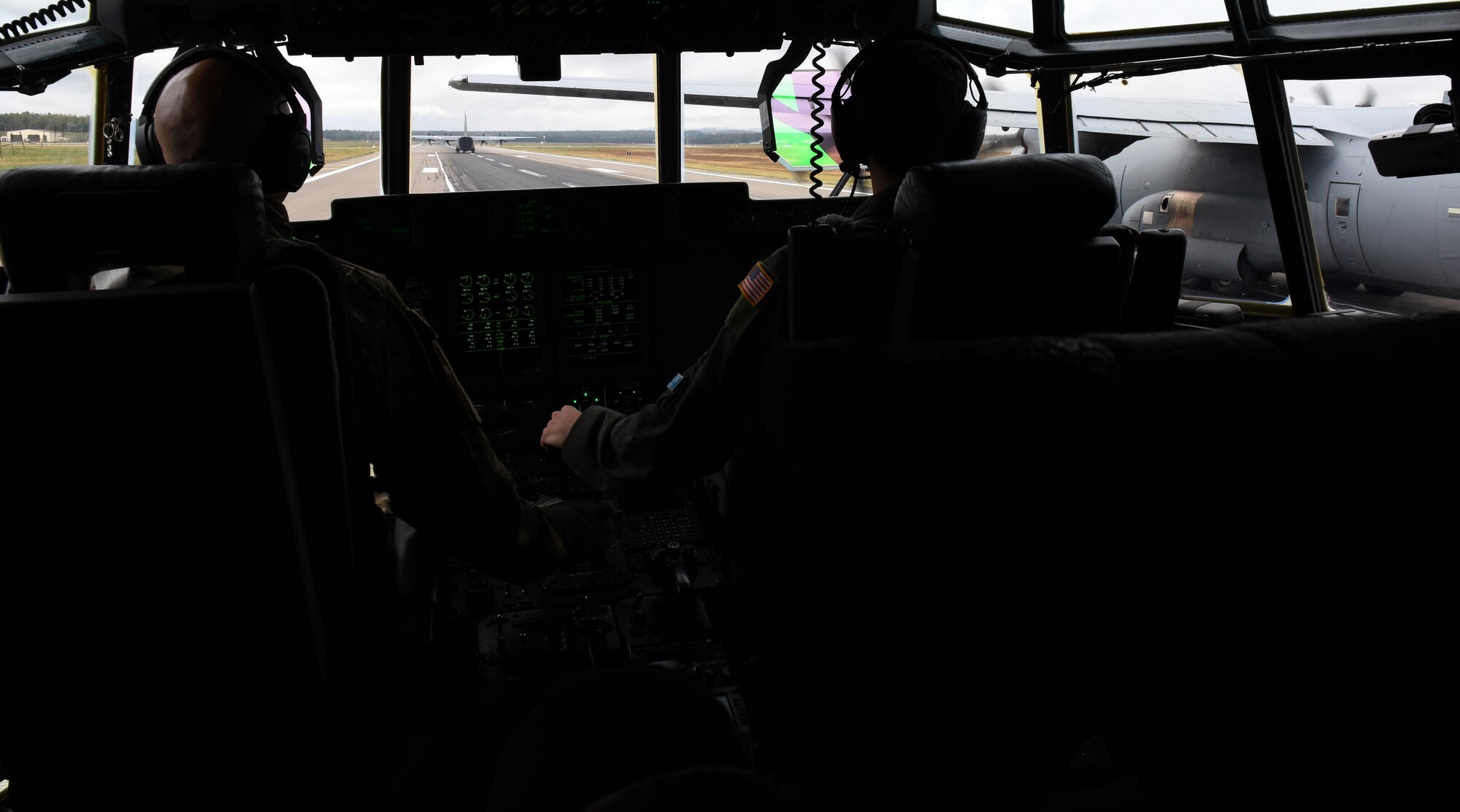 U.S. Air Force C-130J Super Hercules aircraft take off in formation from Ramstein Air Base, Germany, Aug. 31, 2020.