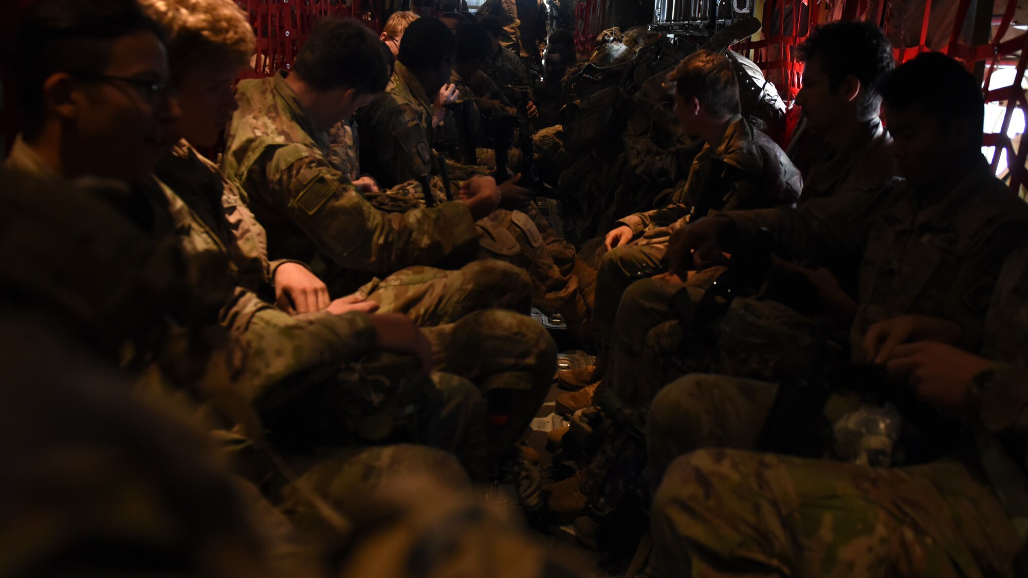 U.S. Army Soldiers assigned to the 173rd Airborne Brigade sit in the cargo bay of a C-130J Super Hercules aircraft prior to taking off at Ramstein Air Base, Germany, Aug. 31, 2020.
