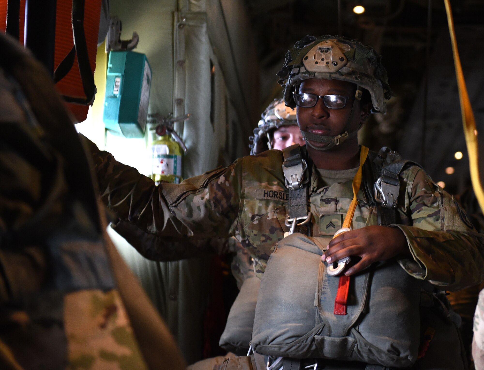 A U.S. Army paratrooper assigned to the 173rd Airborne Brigade prepares to jump from a C-130J Super Hercules aircraft during a Joint Forcible Entry exercise at the Vaziani Training Area, Georgia, Sept. 1, 2020.