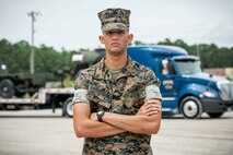Cpl. Christian M. Lopez Rosa, embarkation chief, with Combat Logistics Regiment 27, 2nd Marine Logistics Group, poses for a photo on Camp Lejeune, N.C., September 7, 2020. “Don’t live off the legacy that comes with being a Marine, LIVE UP to the legacy – earn the title everyday.” said LopezRosa, a Puerto Rico, native. According to hid leadership Cpl Lopez Rosa is a natural leader who never hesitates to take charge of any situation regardless of the circumstances and continually excels in leading his subordinates and peers alike. Due to this take-charge mentality, he has been assigned as the 2d MLG embarkation chief, a billet which has previously been filled by a staff sergeant. Within this billet, Cpl Lopez Rosa works with all 2d MLG mobility officers and senior staff noncommissioned officers by validating and correcting unit deployment data for every subordinate unit within 2d MLG. Additionally, he was assigned as the senior 2d MLG representative for the Air Liaison Element in support of MWX 1-20 at March Air Base, California. He was responsible for the reception of personnel and equipment helping move thousands of Marines to Marine Air Ground Combat Center, Twentynine Palms. Since arriving to this unit, Cpl Lopez Rosa has made and incredible impact on subordinate and senior Marines alike. Despite the constant pressure from senior Marines within the mobility community to become a 0430 mobility officer, he plans to go first sergeant/sergeant major route. (U.S. Marine Corps photo by Cpl. Rachel K. Young-Porter)