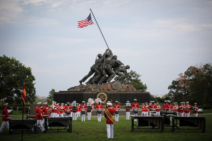 Marines with “The Commandant’s Own,” U.S. Marine Drum and Bugle Corps perform during a Sunset Parade at the Marine Corps War Memorial, Arlington, Virginia, Sept. 2.
