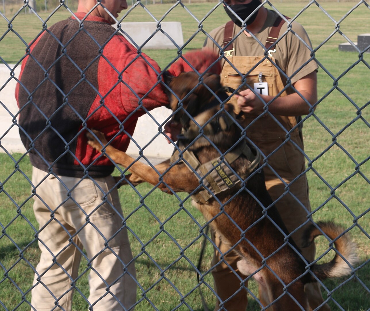 (From left) Military Working Dog handler Staff Sgt. Jacob Howard and MWD Ppuritan conduct patrol work exercises with MWD Trainer Supervisor Staff Sgt. Edward Bielick.