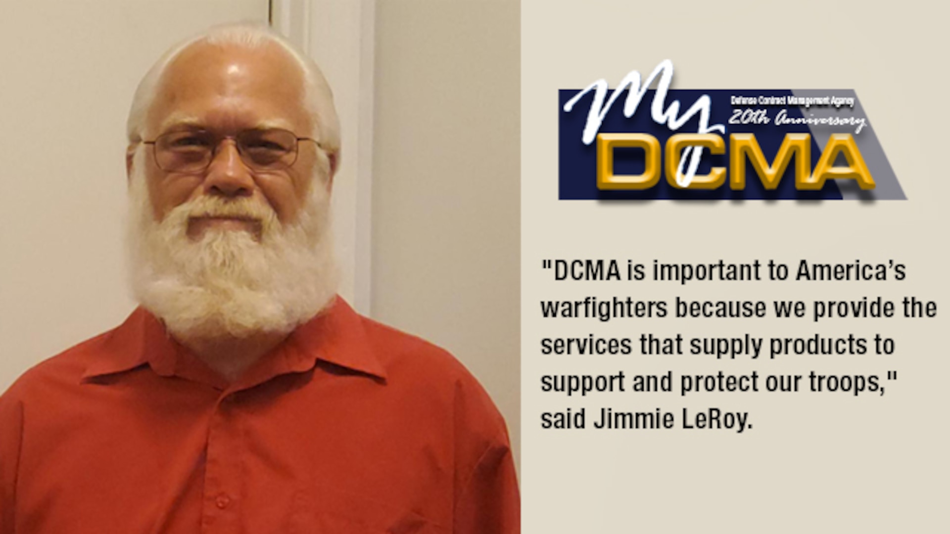 Man wearing a red shirt smiles at the camera. The My DCMA 20th anniversary logo is located in the right upper corner.