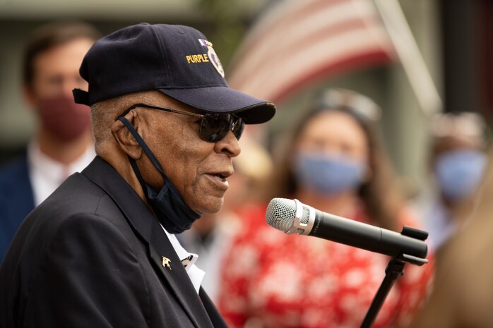 Retired Maj. James Capers Jr. speaks to a crowd in his hometown of Bishopville, S.C., after his plaque unveiling in the town’s Memorial Park, Aug. 29.