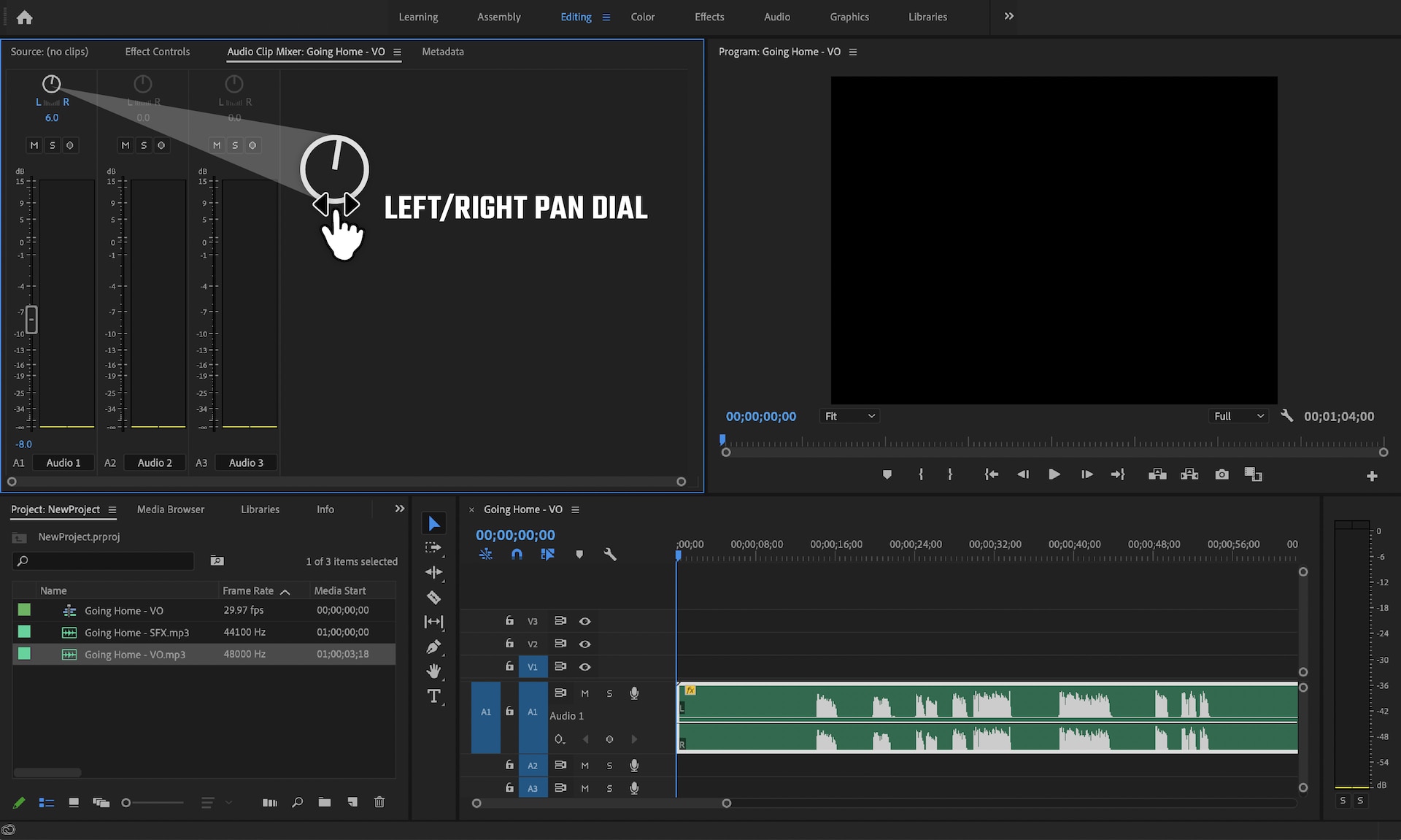 Screenshot of Adobe Premiere Pro with audio clip mixer panel open and audio pan dial featured.