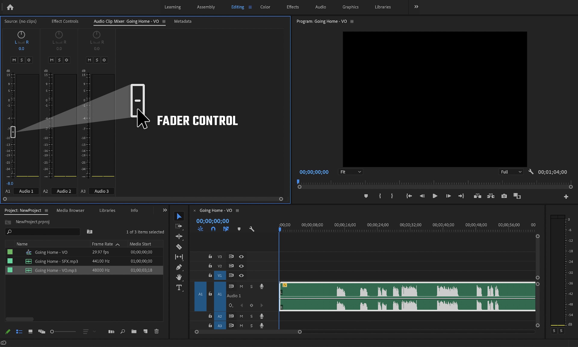 Screenshot of Adobe Premiere Pro with audio mix dialogue box open, fader control featured.