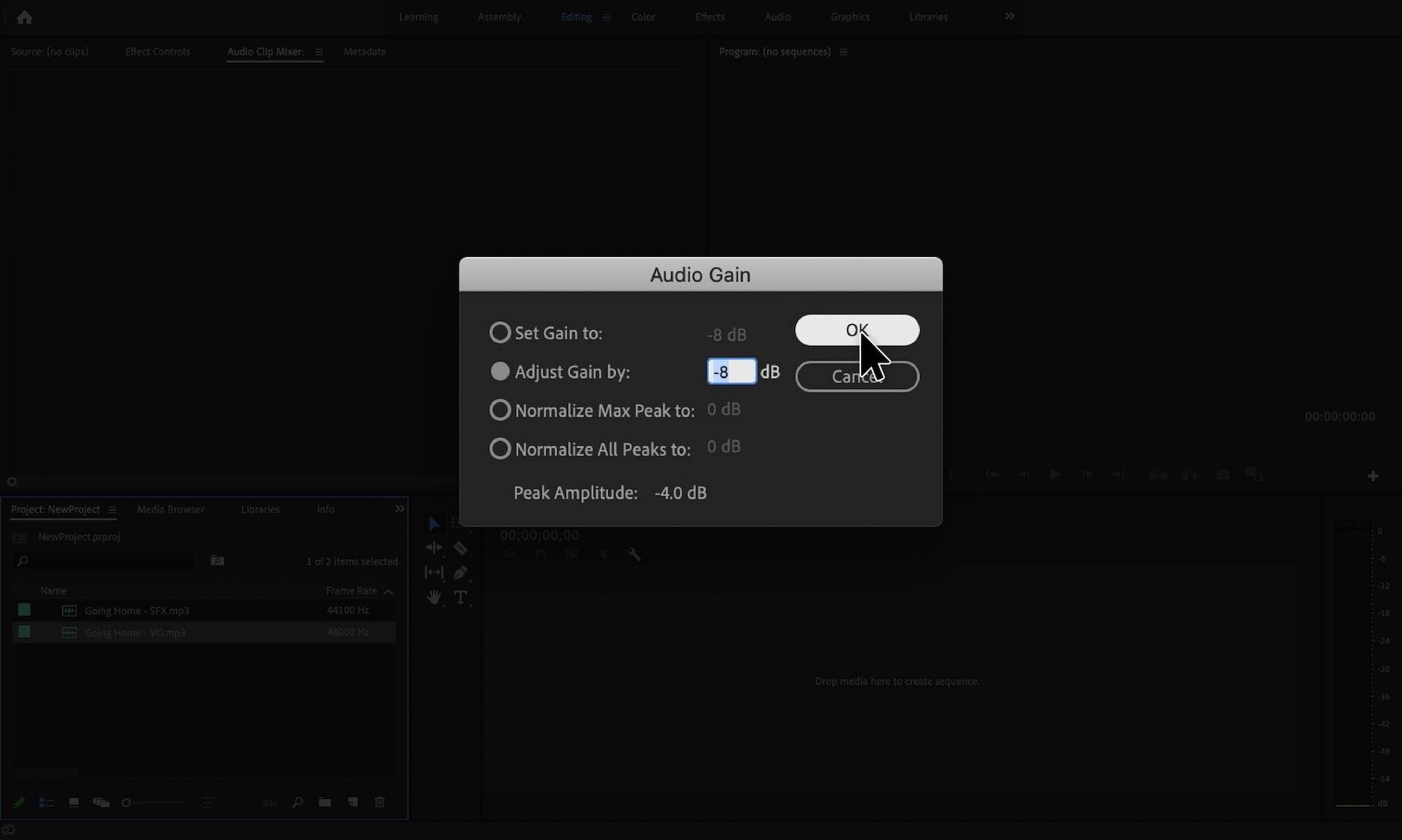 Adobe Premiere Pro with Audio Gain box opened with desired decibel level.