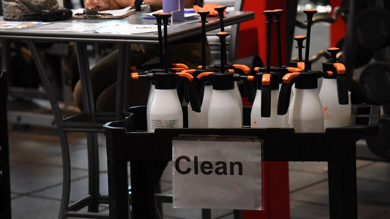 Disinfectant sprayers sit on a cart Sept. 2, 2020, at MacDill Air Force Base, Fla. Short Fitness Center customers are required to sanitize equipment before and after use as part of MacDill’s “Keep it Safe, Keep it Open” campaign.