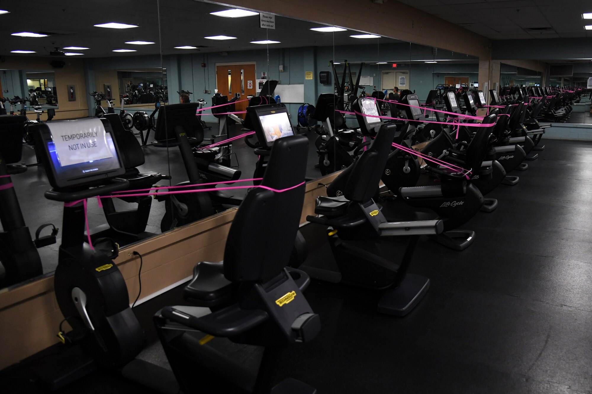 Exercise bikes are marked so Short Fitness Center patrons can perform workouts and maintain social distance, at MacDill Air Force Base, Fla.  The fitness center reopened on Aug. 19 to active duty, Guard and Reserve personnel after five months due to COVID-19.
