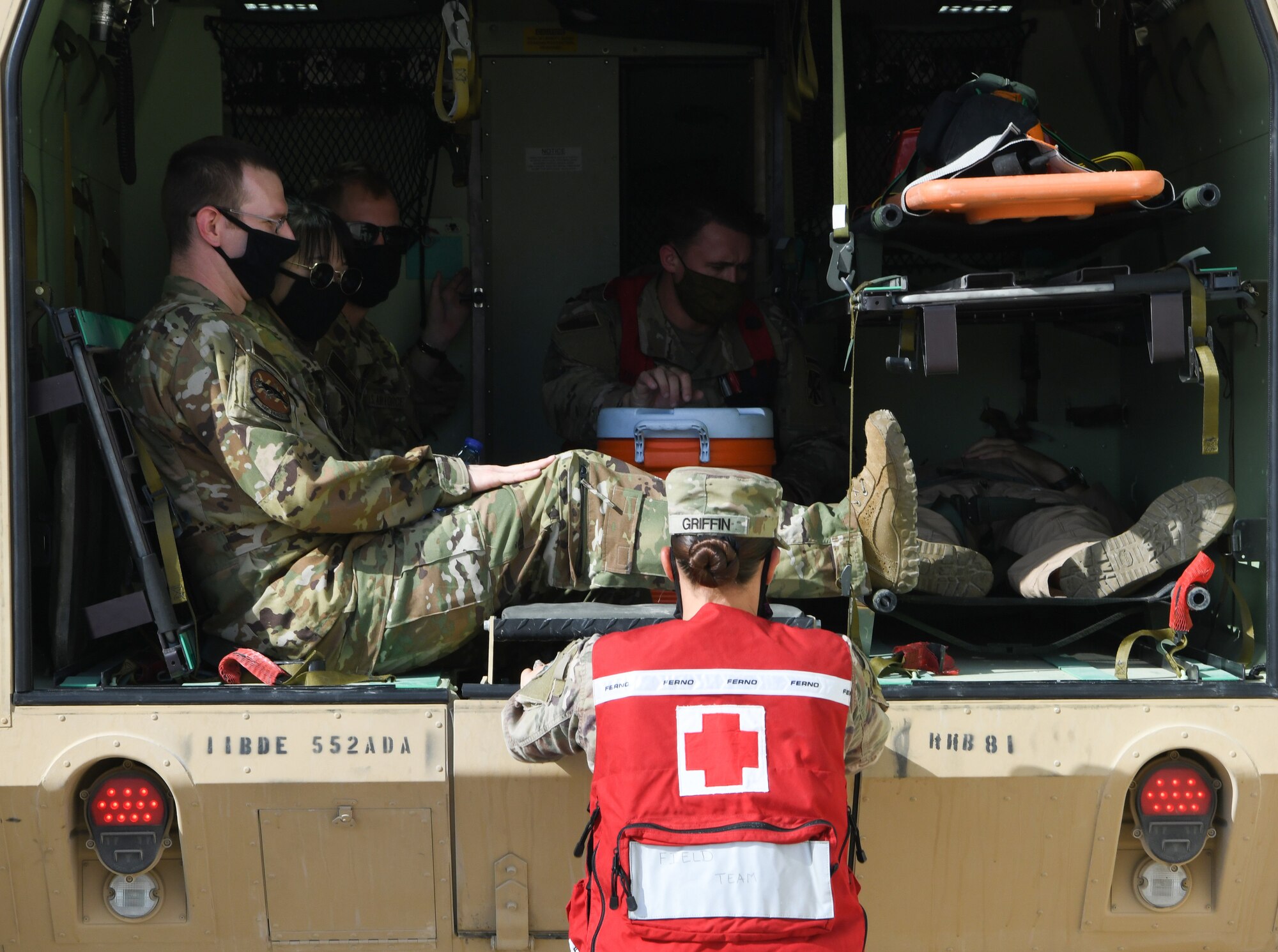 First responders from the 380th Expeditionary Medical Group participate in a Major Accident Response Exercise Thursday, Sept. 3, 2020 at Al Dhafra Air Base, United Arab Emirates.