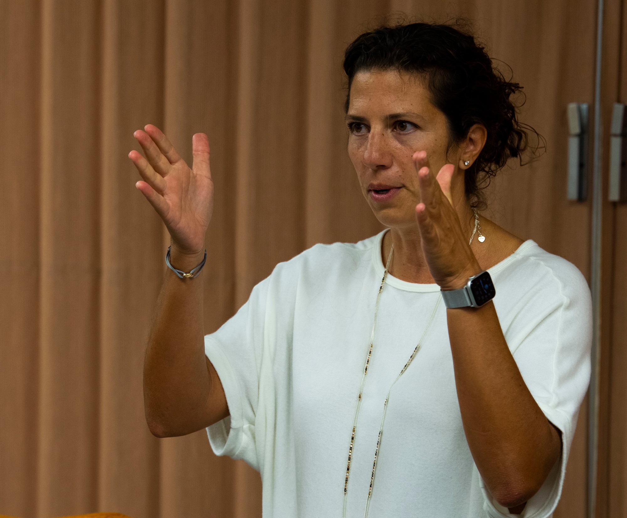 A photo of U.S. Air Force Col. Athanasia Shinas, 624th Regional Support Group commander, addressing participants during a Yellow Ribbon predeployment event held at the 48th Aerial Port Squadron at Joint Base Pearl Harbor Hickam, Hawaii, Aug. 29, 2020.