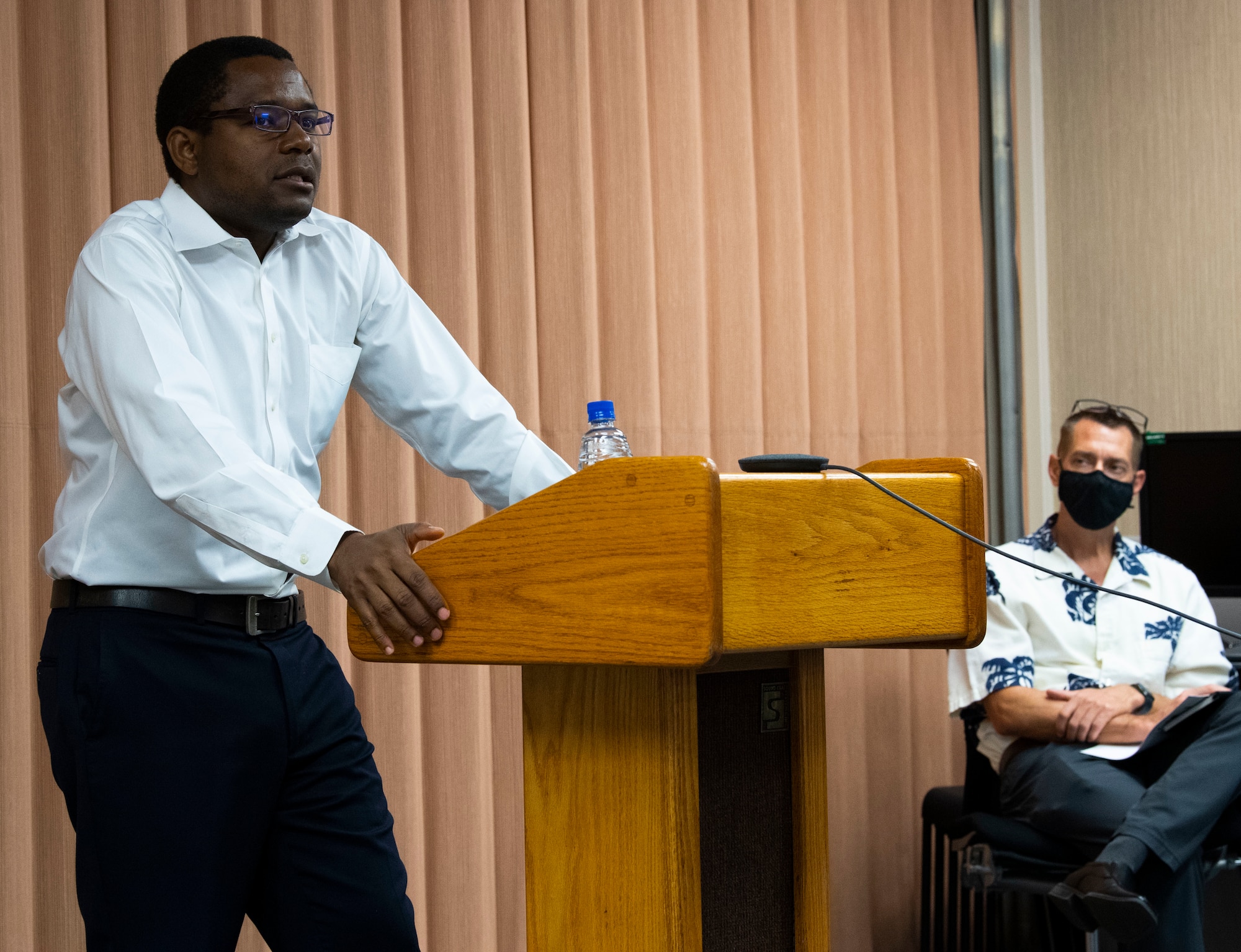 A photo of Amos Balongo, a motivational speaker, addressing Reserve Citizen Airmen from the 624th Regional Support Group during a Yellow Ribbon predeployment event held at the 48th Aerial Port Squadron at Joint Base Pearl Harbor Hickam, Hawaii, Aug. 29, 2020.