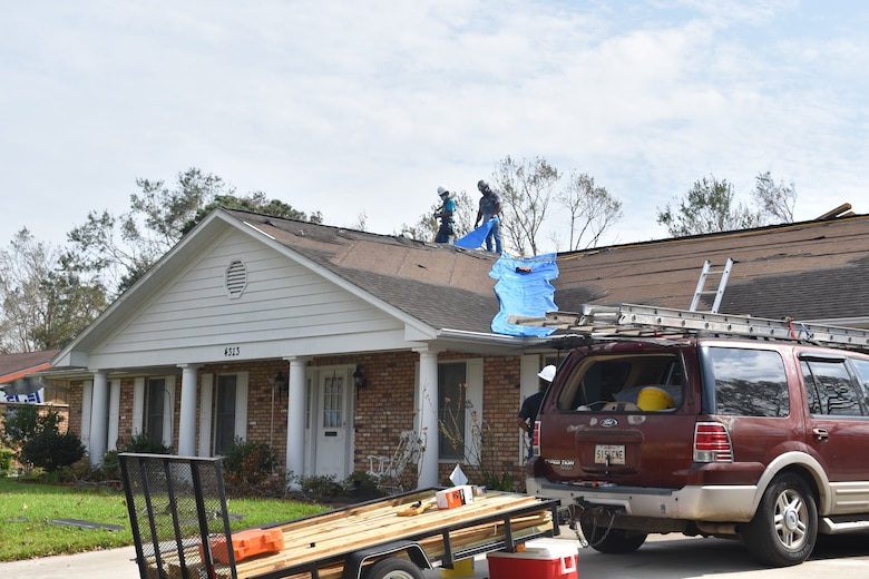 U.S. Army Corps of Engineers contractors in Lake Charles, Louisiana, installed reinforced plastic sheeting today, Sept. 5,  for the first home to benefit from Operation Blue Roof since Hurricane Laura. The program, managed by the U.S. Army Corps of Engineers for the FEMA Federal Emergency Management Agency, reduces further damage to property until permanent repairs can be made. This is a free service to homeowners. Parties affected by Hurricane Laura are encouraged to submit a Right-of-Entry application. To learn more about Operation Blue Roof and to apply, visit: https://www.usace.army.mil/BlueRoof/  (USACE Photos by Jessica Haas)