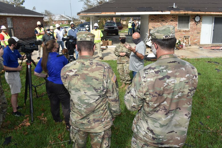 U.S. Army Corps of Engineers contractors in Lake Charles, Louisiana, installed reinforced plastic sheeting today, Sept. 5,  for the first home to benefit from Operation Blue Roof since Hurricane Laura. The program, managed by the U.S. Army Corps of Engineers for the FEMA Federal Emergency Management Agency, reduces further damage to property until permanent repairs can be made. This is a free service to homeowners. Parties affected by Hurricane Laura are encouraged to submit a Right-of-Entry application. To learn more about Operation Blue Roof and to apply, visit: https://www.usace.army.mil/BlueRoof/  (USACE Photos by Jessica Haas)