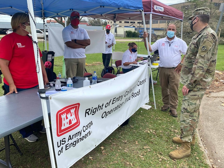 (IN THE PHOTO) The U.S. Army Corps of Engineers (USACE), Mississippi Valley Division (MVD) plays a key role in the response and recovery efforts to communities affected by Hurricanes. Part of that assistance includes providing temporary roofing. Pictured here is the Operation Blue Roof in-person Right-of-Entry sign-up station at the Lake Charles Civic Center. It is located alongside Veterans Memorial Blvd/N. Lakeshore Dr. (USACE photo by Jessica Haas)