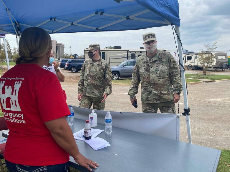 (IN THE PHOTO) The U.S. Army Corps of Engineers (USACE), Mississippi Valley Division (MVD) plays a key role in the response and recovery efforts to communities affected by Hurricanes. Part of that assistance includes providing temporary roofing. Pictured here is the Operation Blue Roof in-person Right-of-Entry sign-up station at the Lake Charles Civic Center. It is located alongside Veterans Memorial Blvd/N. Lakeshore Dr. (USACE photo by Jessica Haas)