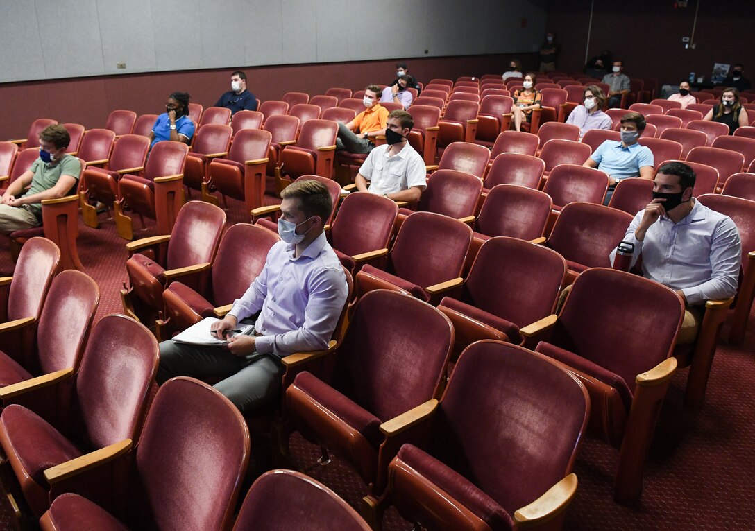 Air Force and National Aerospace Solutions, LLC (NAS), interns listen to senior leadership from the Arnold Engineering Development Complex (AEDC) and NAS the Test Operations and Sustainment Contractor for AEDC, speak about career development July 15, 2020, in the Main Auditorium at Arnold Air Force Base, Tenn. (U.S. Air Force photo by Jill Pickett)