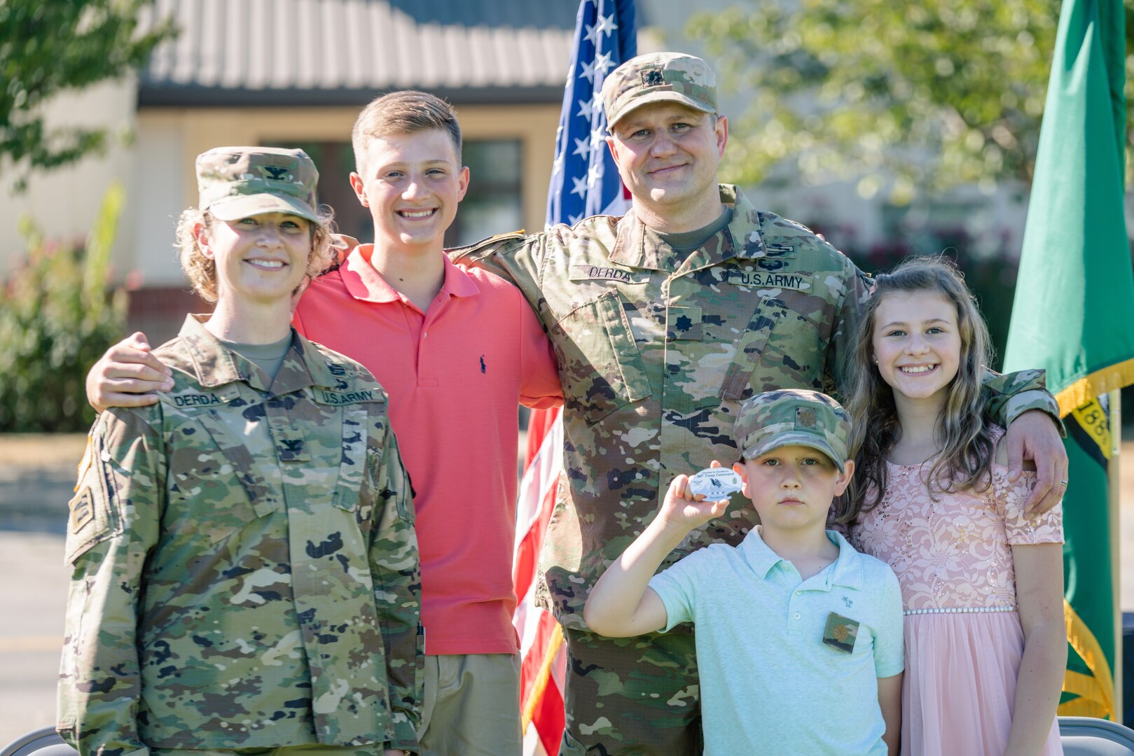 The Derda family following a joint promotion ceremony Sept. 2, 2020, at Camp Murray, Wash. Col. Kristin Derda and Lt. Col. Krystian Derda were able to celebrate their promotions on the same day.