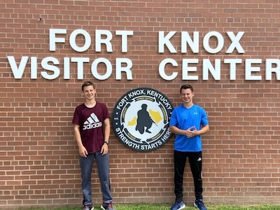 (Left to Right) Caleb and Joshua Pym arrive at Fort Knox, Ky., to conduct the Candidate Fitness Assessment (CFA) as part of their application for entrance into a U.S. military academy. 
Photo courtesy Mrs. Melody Pym