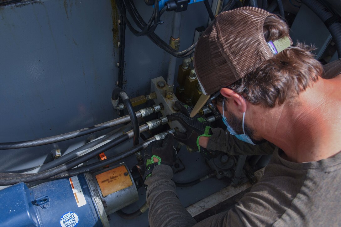 Jeffrey Rhodes, 4th Civil Engineer Squadron electronics technician, performs a general maintenance check on the front gate barrier system at Seymour Johnson Air Force Base, North Carolina, August 31, 2020.