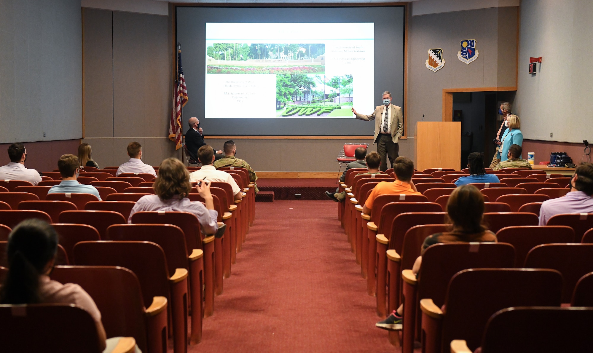 Jason Coker, center, Vice Director of Arnold Engineering Development Complex, speaks about his career path to Air Force and National Aerospace Solutions, LLC (NAS) interns July 15, 2020, during a presentation about career development in the Main Auditorium at Arnold Air Force Base, Tenn. NAS is the Test Operations and Sustainment Contractor for AEDC. (U.S. Air Force photo by Jill Pickett)