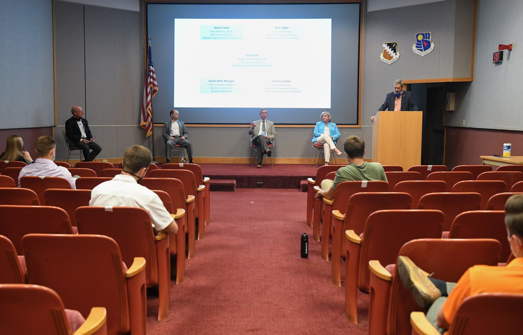 Senior leadership from the Arnold Engineering Development Complex (AEDC) and National Aerospace Solutions, LLC (NAS), the Test Operations and Sustainment Contractor for AEDC, answer questions from Air Force and NAS interns about career development July 15, 2020, during a presentation in the Main Auditorium at Arnold Air Force Base, Tenn. Pictured from left are Dr. Rich Tighe, NAS General Manager; Ed Tucker, AEDC Senior Technical Advisor; Jason Coker, AEDC Vice Director; Sarah Beth Morgan, Chief of Complex Support for AEDC; and Chris Crumbly, Technical Director for NAS. (U.S. Air Force photo by Jill Pickett)