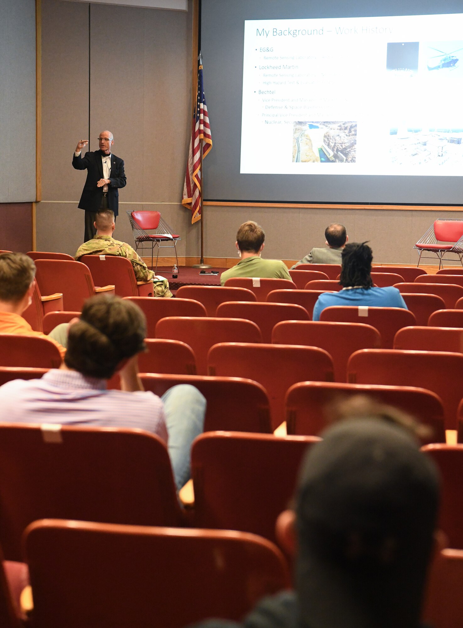 Dr. Rich Tighe, General Manager of National Aerospace Solutions, LLC (NAS) speaks about his career path during a presentation to Air Force and NAS interns, July 15, 2020, in the Main Auditorium at Arnold Air Force Base, Tenn. NAS is the Test Operations and Sustainment Contractor for AEDC. (U.S. Air Force photo by Jill Pickett)