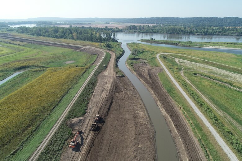Aerial view of levee setback construction progress along L-536.