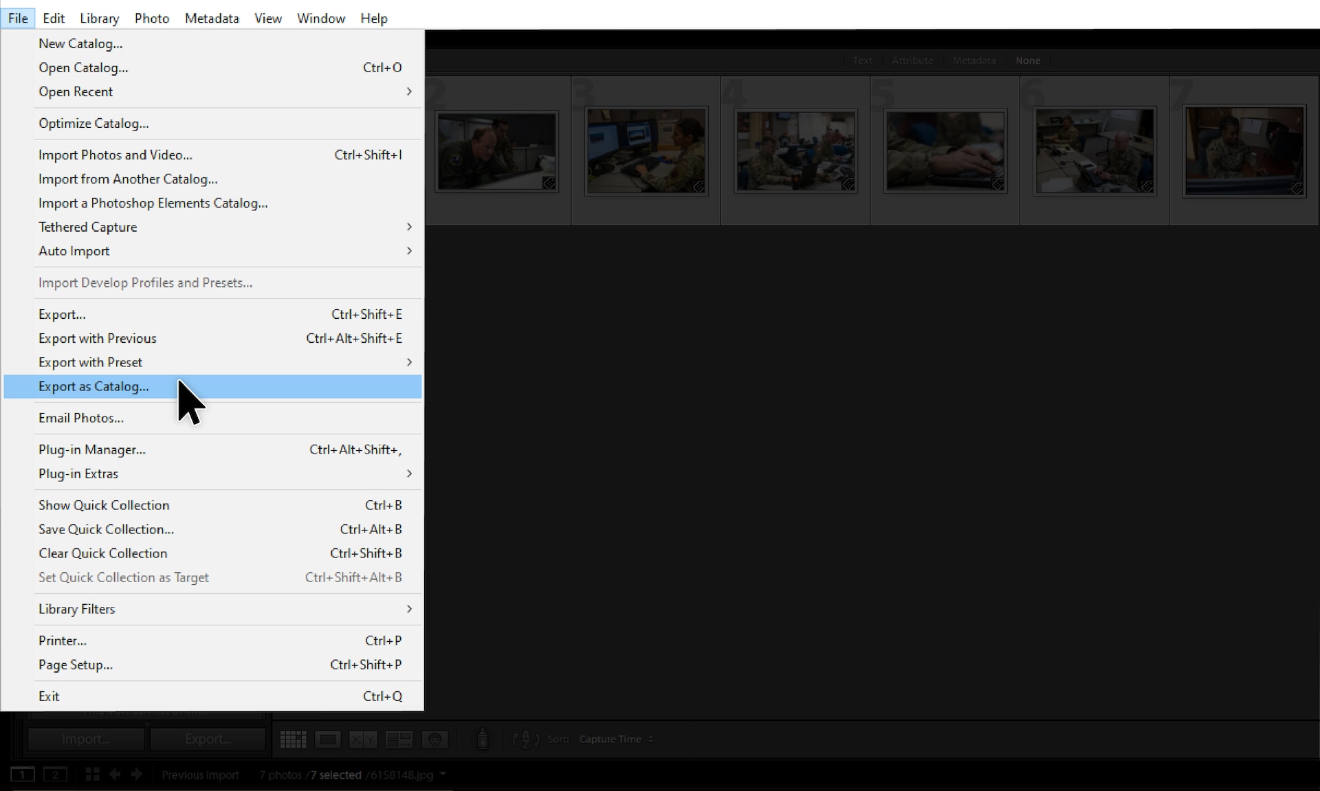Screenshot of Adobe Lightroom with file menu open and export as catalog option highlighted.