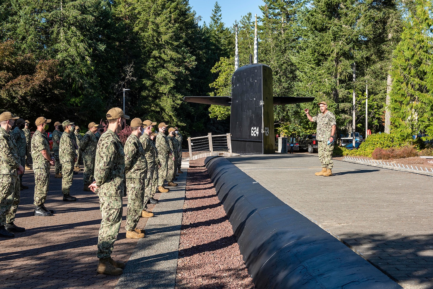 SILVERDALE, Wash. (Sept. 1, 2020) – Adm. Charles Richard, Commander, U.S. Strategic Command, speaks to a limited number of Sailors at Deterrent Park, during a visit with strategic-deterrent units onboard Naval Base Kitsap-Bangor, Sept. 1. U.S. Strategic Command is a global warfighting combatant command whose mission is to deter strategic attack and employ forces, as directed, to guarantee the security of the U.S. and its allies. (U.S. Navy photo my Mass Communication Specialist 1st Class Andrea Perez/Released)