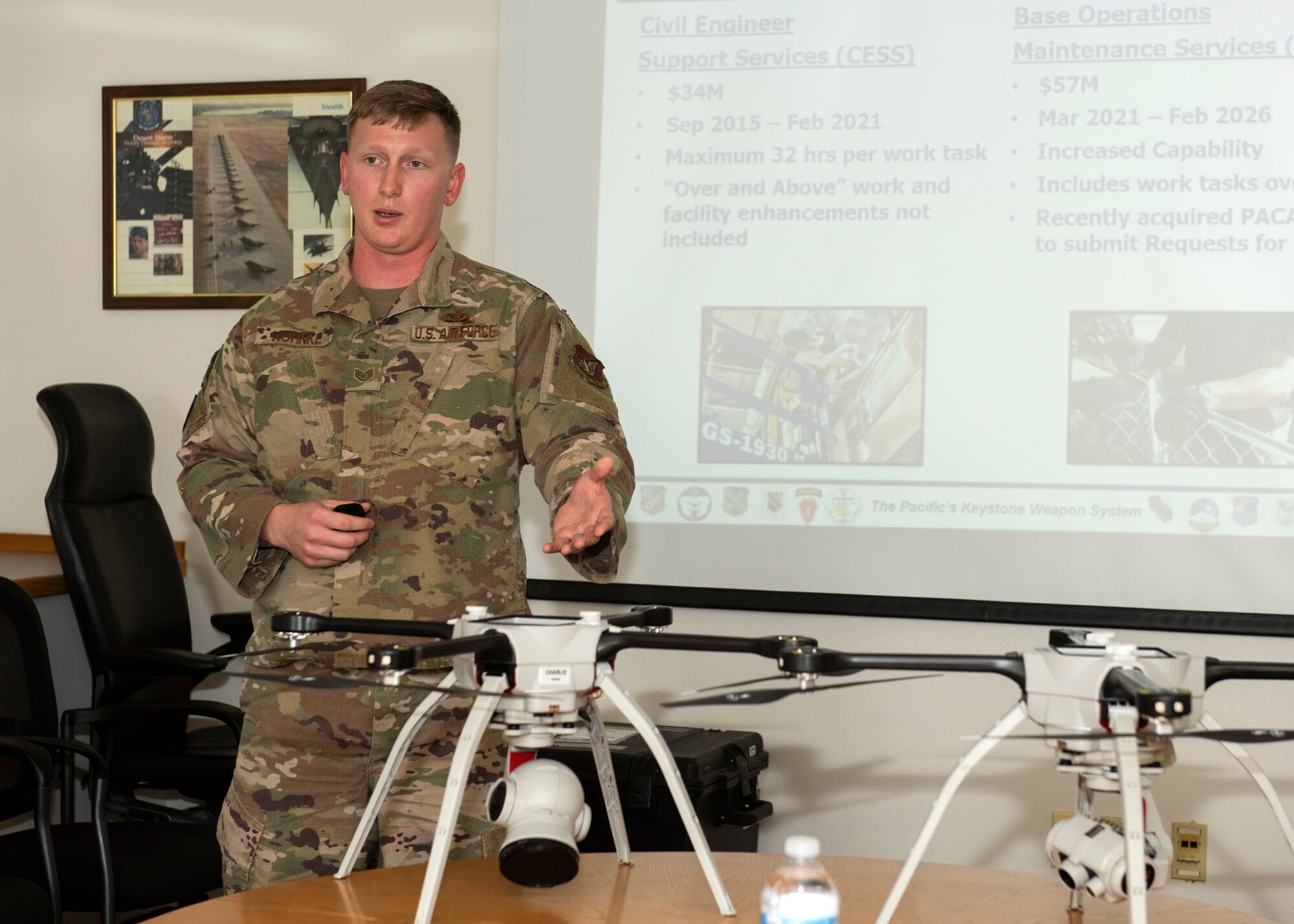 U.S. Air Force Staff Sgt. Joseph Kohnke, 773d Civil Engineer Squadron noncommissioned officer in charge of engineering, talks about the Small Unmanned Aircraft System and its impact during a 773d CES immersion tour at JBER, Alaska, Sept. 1, 2020. Aguilar familiarized herself with the 773d CES and its role in supporting installation readiness after taking command of the installation on July 14, 2020. The 773d CES maintains structures throughout the base as well as runs the installation’s emergency management program.