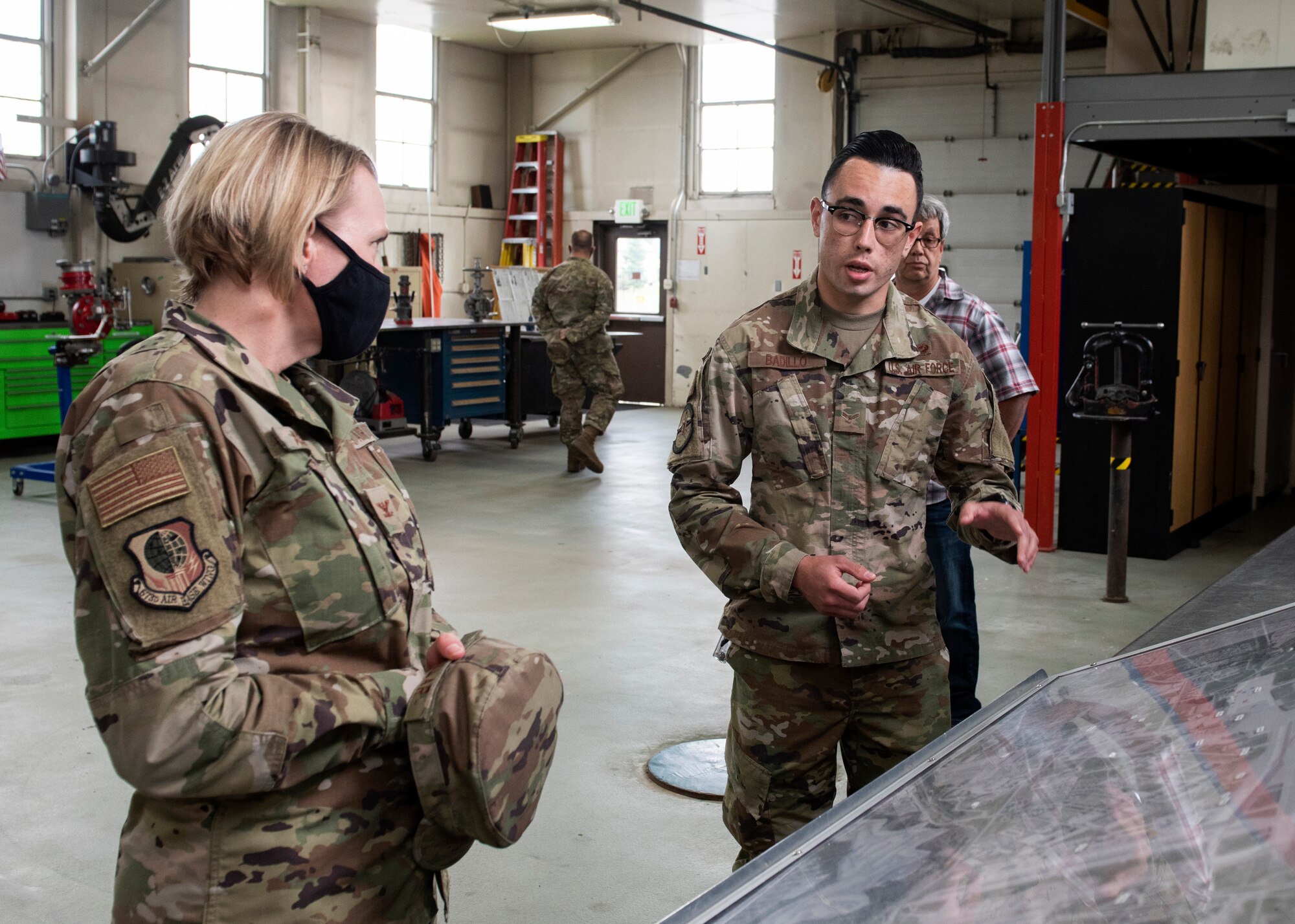 U.S. Air Force Airman 1st Class Matthew Badillo, a 773d Civil Engineer Squadron water and fuels system maintenance apprentice, briefs U.S. Air Force Col. Kirsten Aguilar, Joint Base Elmendorf-Richardson and 673d Air Base Wing commander, on liquid fuels facilities during a 773d CES immersion tour at JBER, Alaska, Sept. 1, 2020. Aguilar familiarized herself with the 773d CES and its role in supporting installation readiness after taking command of the installation on July 14, 2020. The 773d CES maintains structures throughout the base as well as runs the installation’s emergency management program.
