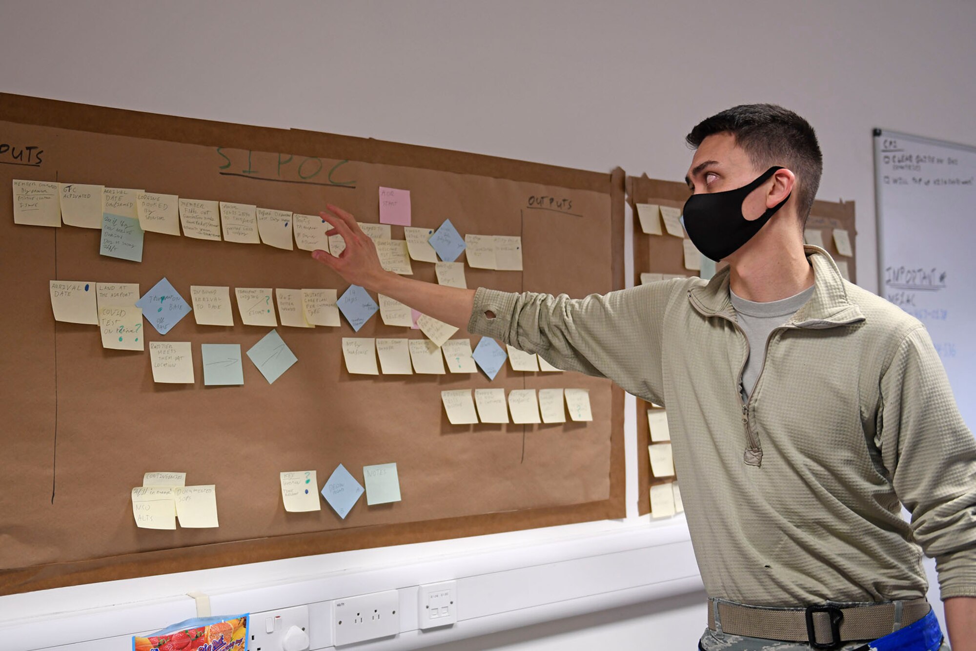 U.S. Air Force Staff Sgt. Montana Engelking, 100th Maintenance Squadron Quarantine and Isolated Team NCO in charge, uses SIPOC, a process improvement tool, to help improve Qni Team procedures at Royal Air Force Mildenhall, England, Sept. 3, 2020. SIPOC stands for supplies, inputs, process, outputs and customers and is a tool used to better understand and improve upon processes. (U.S. Air Force photo by Staff Sgt. Mackenzie Mendez)