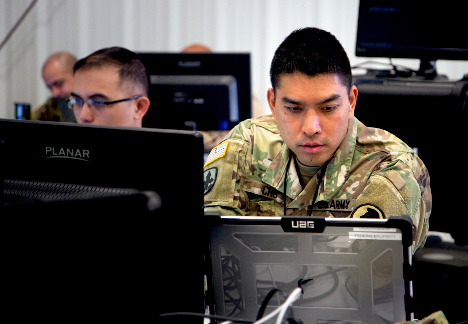 Chief Warrant Officer 3 Brandon Cho with the Hawaii Army National Guard’s Cyber Mission Assurance Team participates in a cyber exercise during Cyber Shield 19 at Camp Atterbury, Indiana, April 6, 2019. Now in its 13th year, the exercise helps prepare National Guard cyber troops to defend critical infrastructure from the growing threat of cyber assaults. This years exercise, Cyber Shield 2020, will be conducted in a virtual environment due to the COVID-19 pandemic.