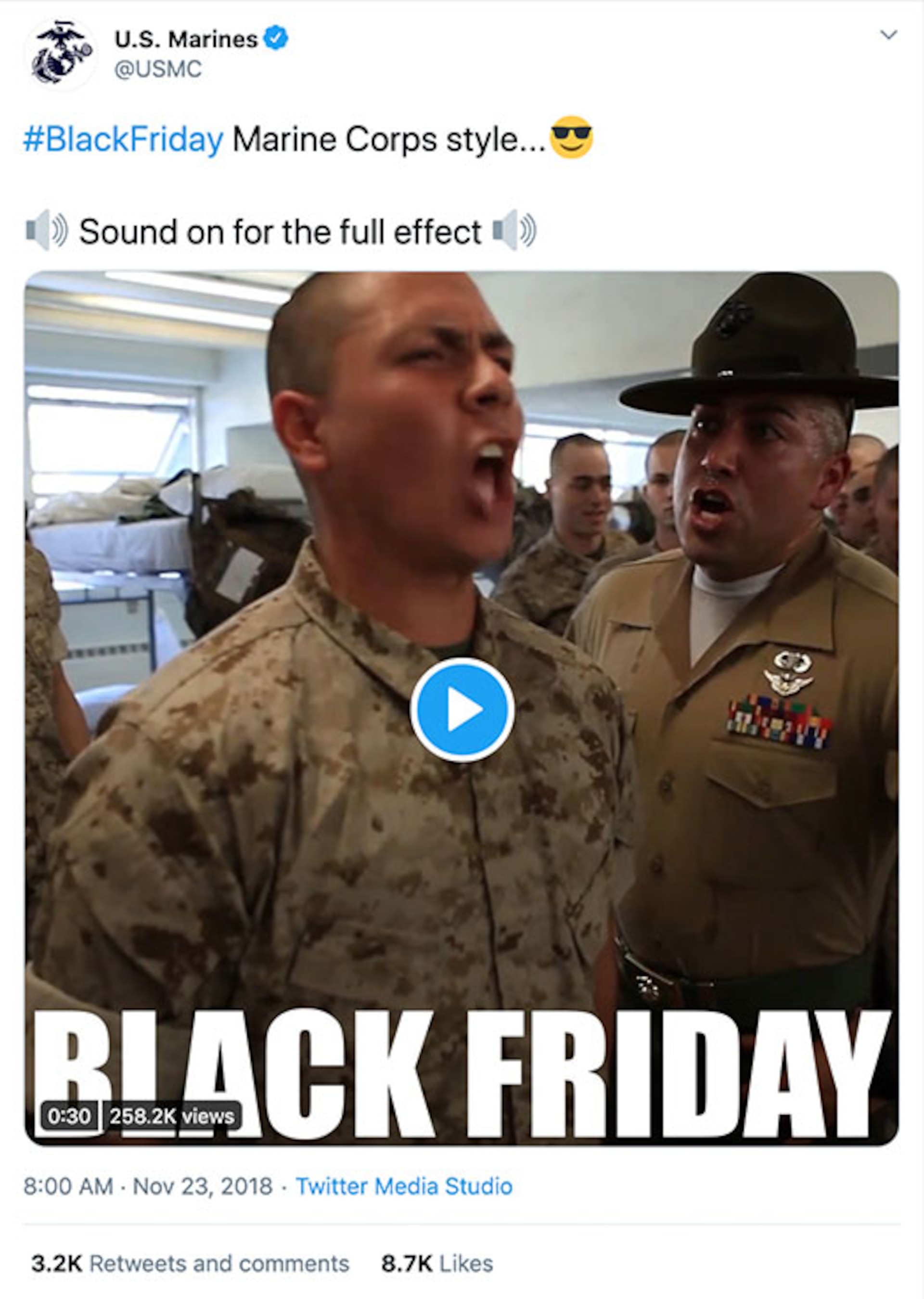 Twitter post from USMC, Nov 23, 2018, promoting a video of Marine Black Friday #blackfriday Marine Corps style, Sound on for full effect