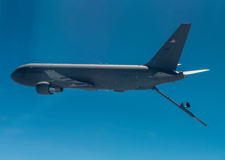 916th ARW KC-46 Pegasus in-air refuels 336th FS F-15E Strike Eagle ...