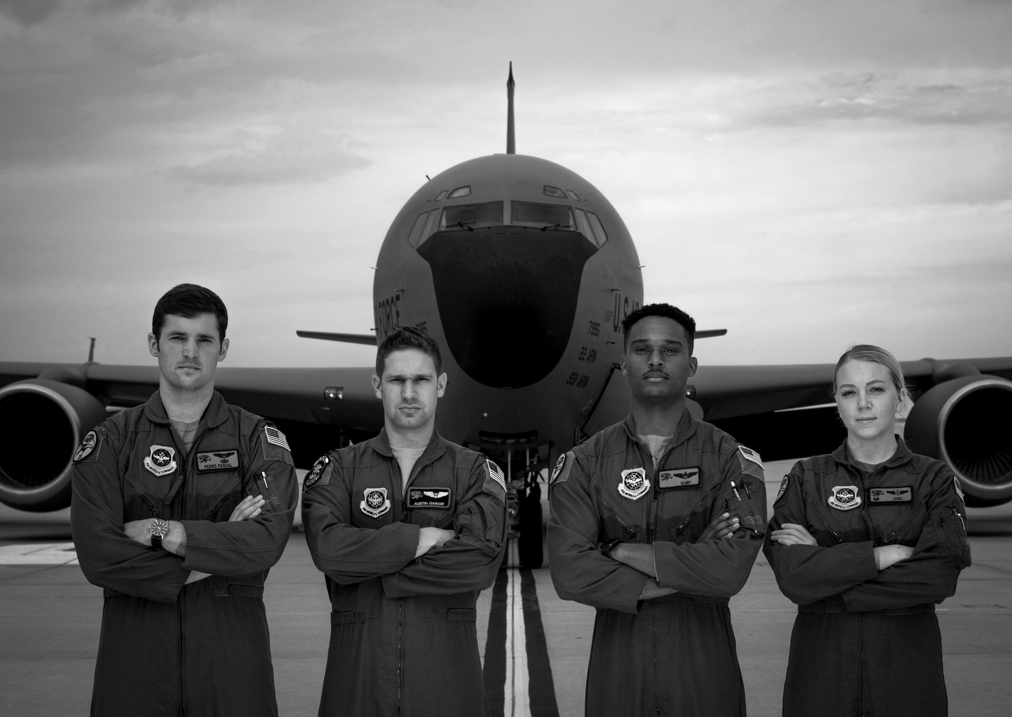 Pictured, from left, Capt. David Degroat, 350th Air Refueling Squadron deputy readiness chief, Capt. Austin Gainor, 350th ARS navigator, 1st Lt. Rico Hilliard, 350th ARS KC-135 pilot, and Senior Airman Kelsey Tillotson, 350th ARS in-flight refueling specialist, recently completed a multilateral exercise Sept. 2, 2020, at McConnell Air Force Base, Kansas. McConnell provides critical Special Operations Air Refueling capabilities for MLATs, which are training missions that include multiple branches of the military. (U.S. Air Force photo by Senior Airman Michaela R. Slanchik)