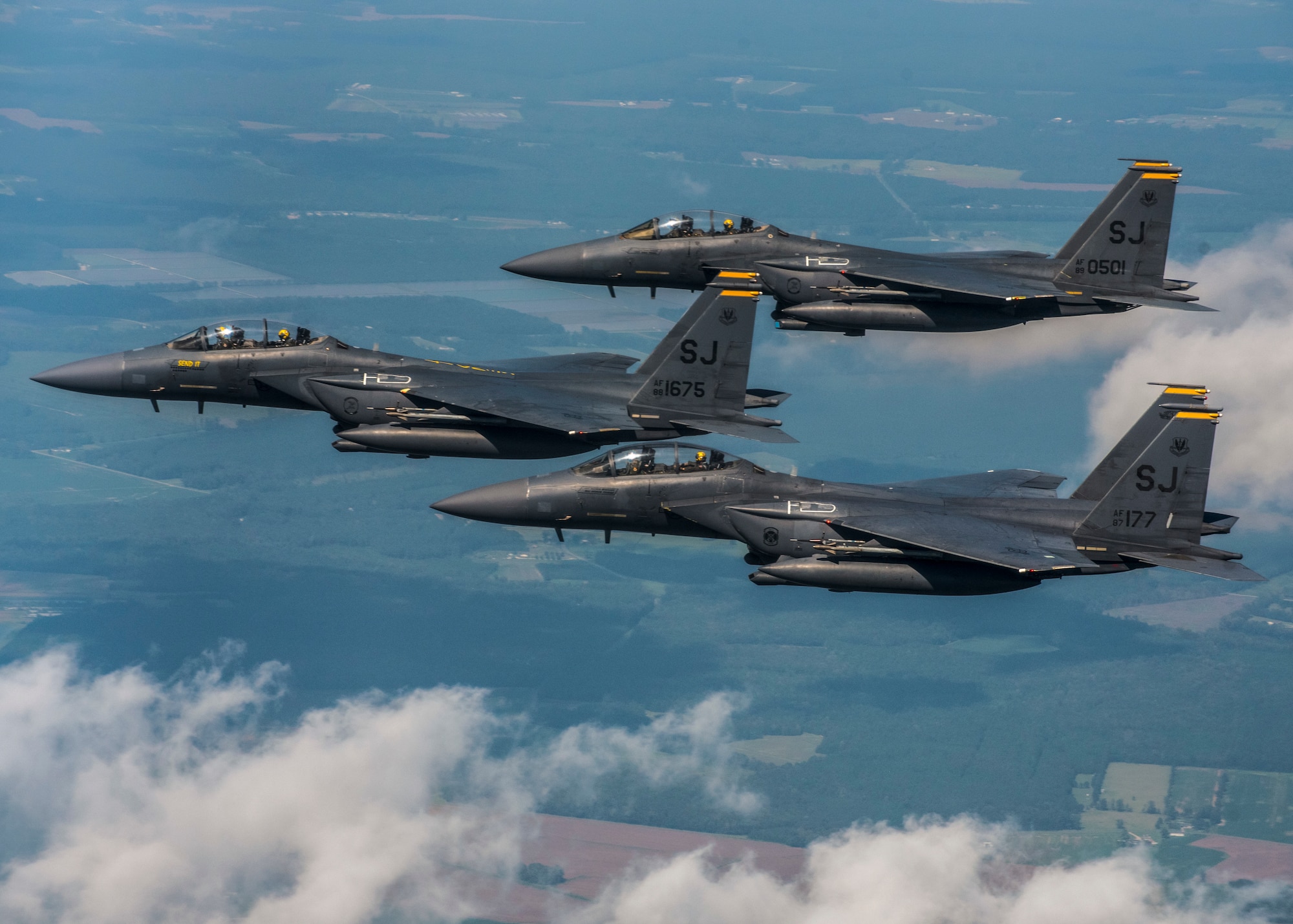 F-15E Strike Eagles from the 336th Fighter Squadron at Seymour Johnson Air Force Base fly in formation in the sky over North Carolina.