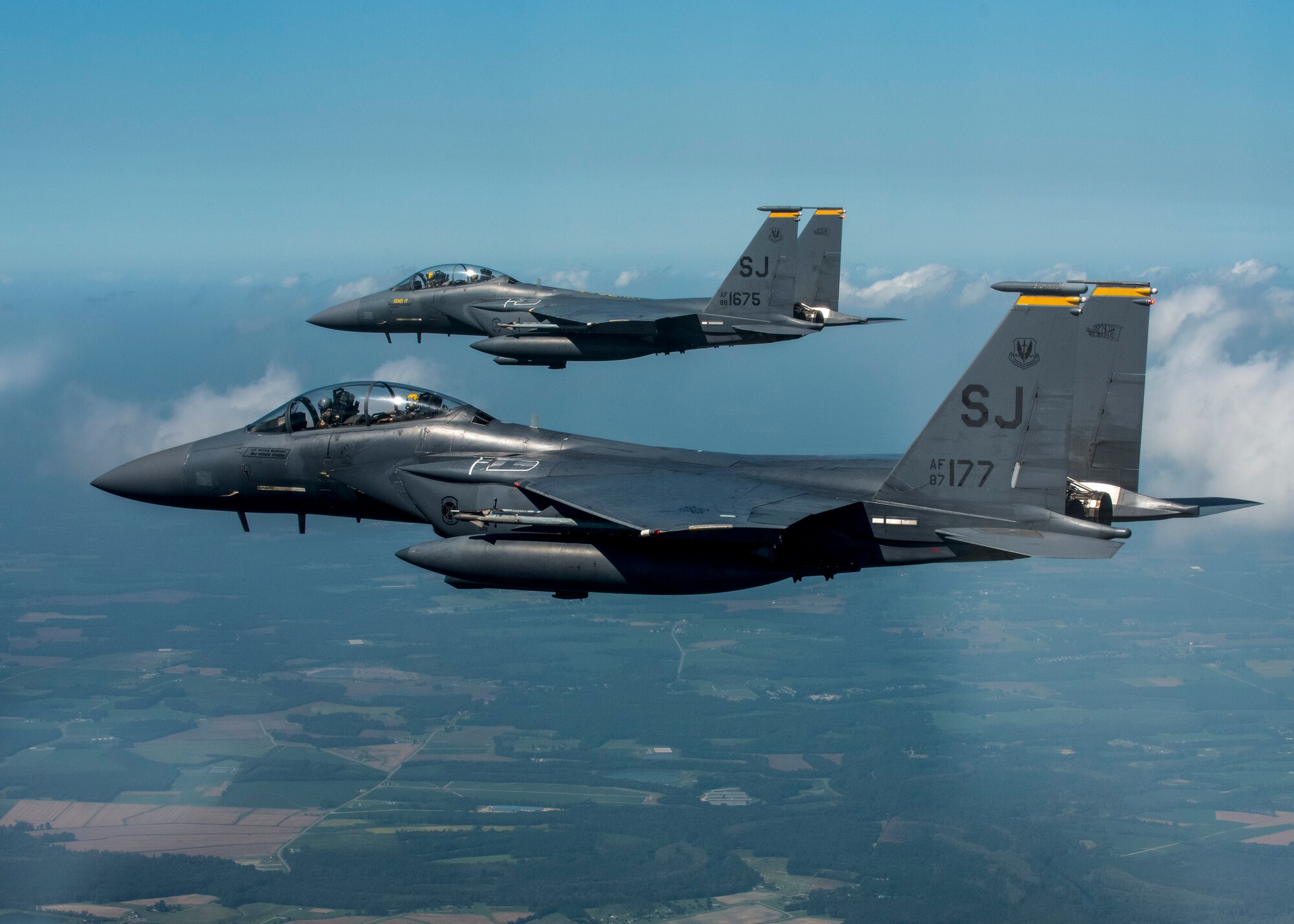F-15E Strike Eagles from the 336th Fighter Squadron at Seymour Johnson Air Force Base fly in the sky over North Carolina.