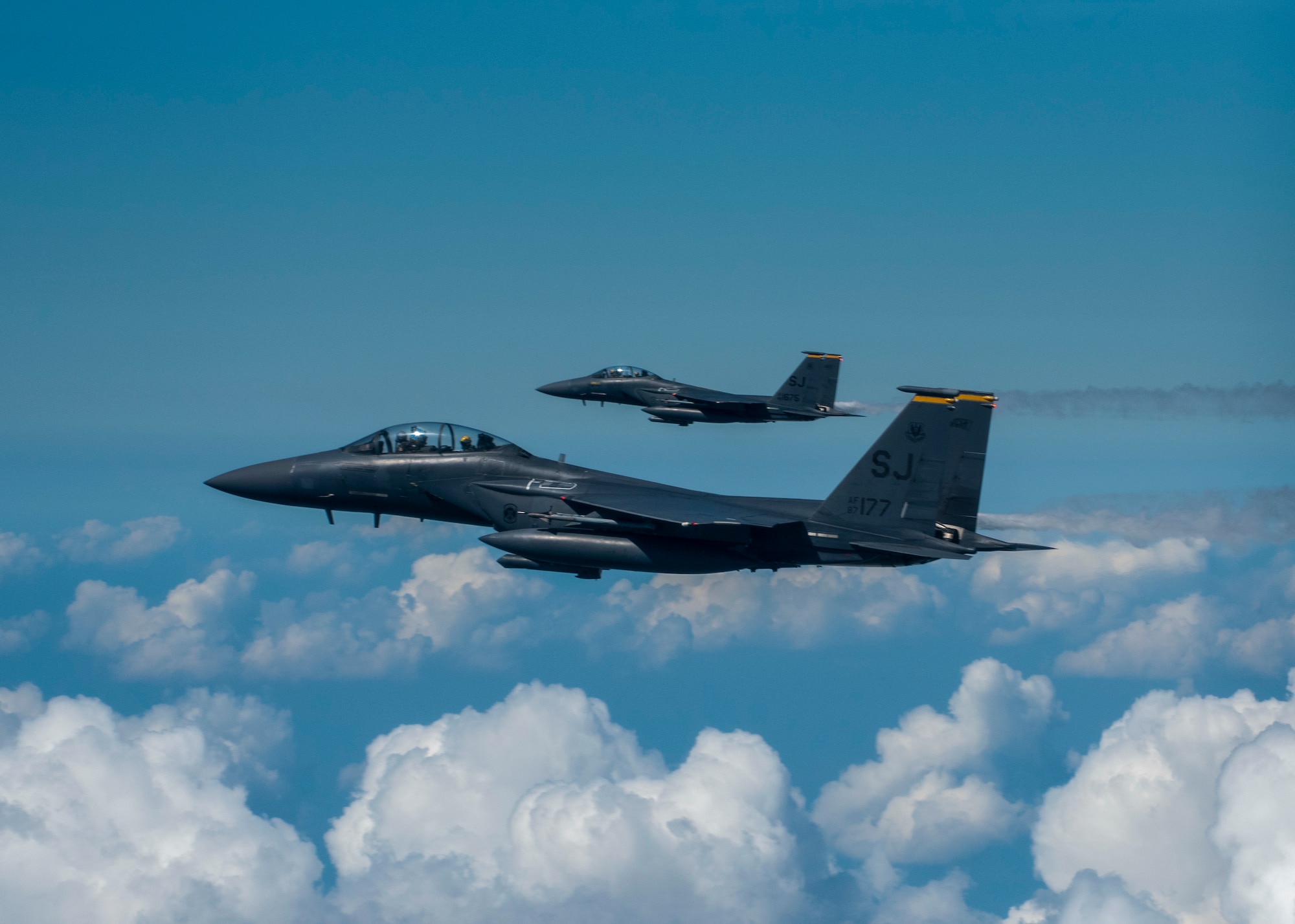 Two F-15E Strike Eagles from the 336th Fighter Squadron at Seymour Johnson Air Force Base fly over the sky of North Carolina.