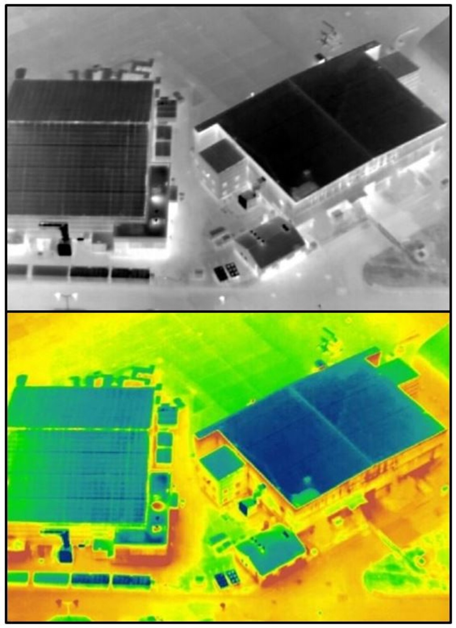 Thermal imagery supporting roofing system assessments at Wright-Patterson Air Force Base, Ohio, in 2017.