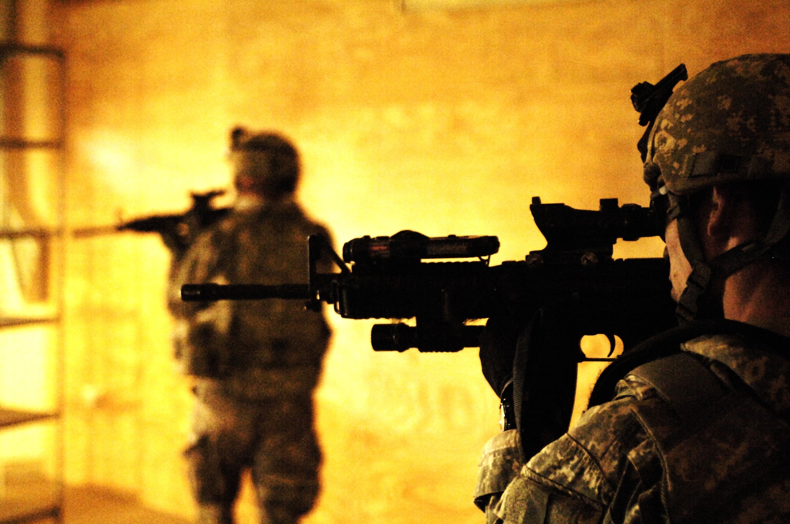 Soldiers assigned to 213th Psychological Operations Company
observe reaction after playing announcement over loudspeaker
out of Joint Security Station Oubaidy, located just outside Sadr
City, Iraq, after series of rocket and mortar attacks, March 29, 2008 (U.S. Air Force/Jason T. Bailey)