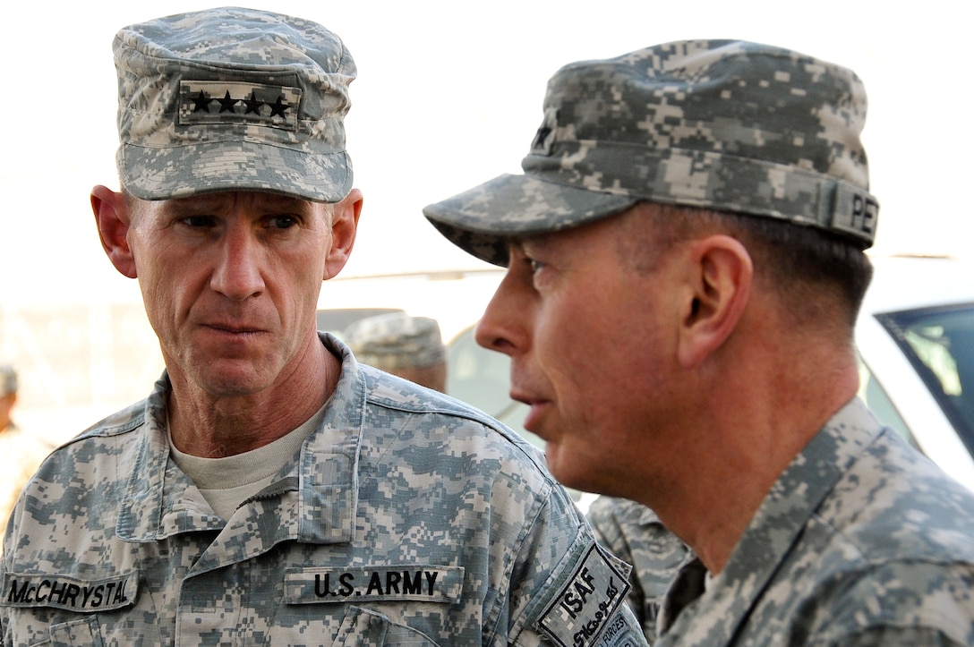 General Stanley McChrystal, commander, U.S. Forces Afghanistan, and General David Petraeus, commander, U.S. Central Command, at Bagram Air Base, Afghanistan, during Operation Enduring Freedom, October 29, 2009 (DOD/Bradley A. Lail)