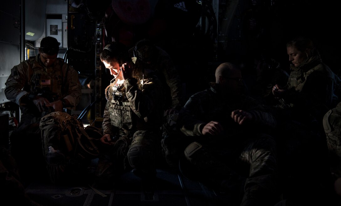 Air Force Special Operations Surgical Team members check gear on MC-130H Combat Talon II from 15th Special Operations Squadron, Hurlburt Field, Florida, during rapid infiltration flight operations as part of exercise Emerald Warrior 19, January 16, 2019 (U.S. Air Force/Gregory Brook)